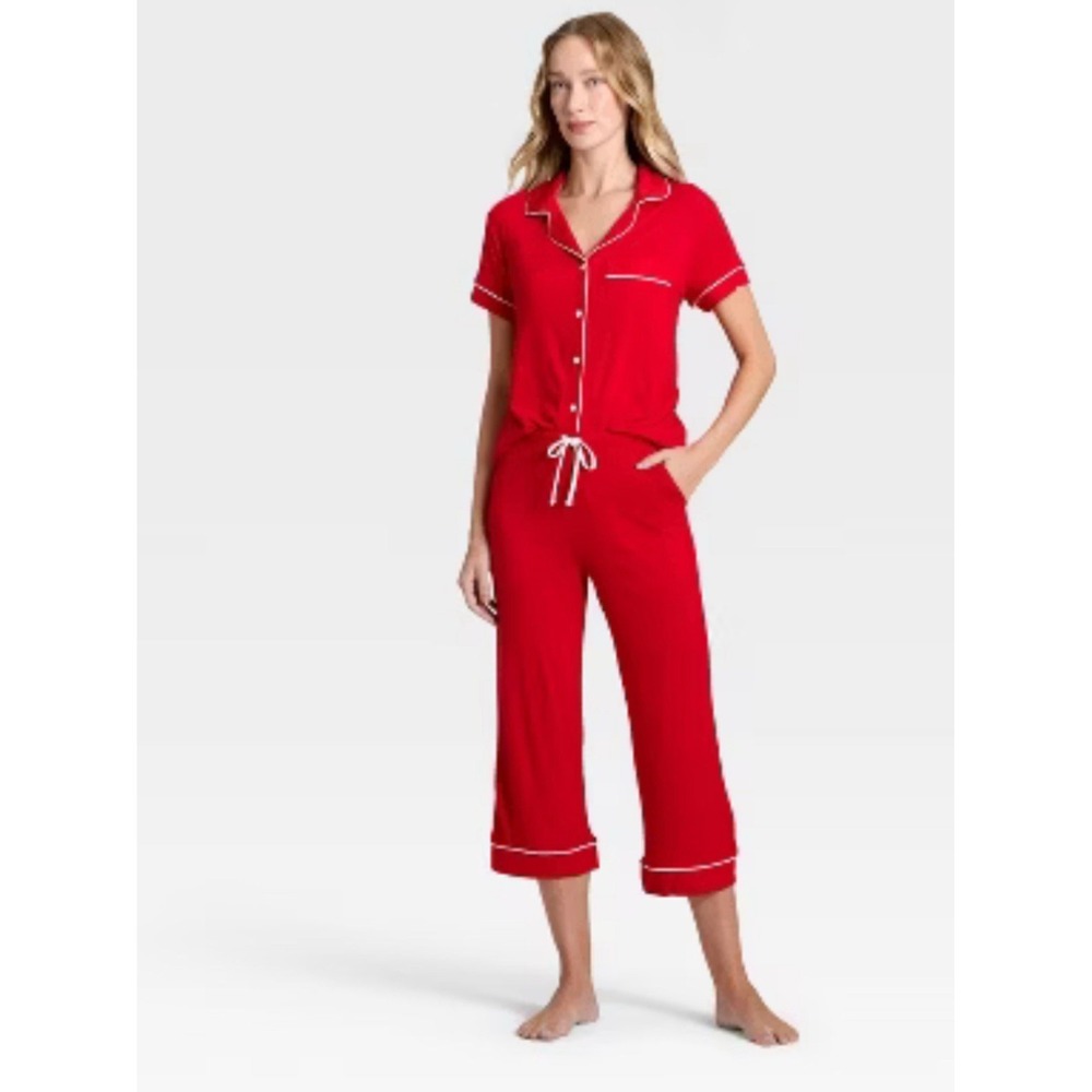 Women's Cloud Knit Modal Short Sleeve Notch Collar Top and Cropped Pant Red XXL